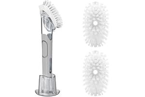 Soap Dispensing Replacement Dish Brush Storage Set with 2 PCS Brush Refills & Holder - RIMAY Dispenser Scrub Cleaning Scrubber Kitchen Dishwashing Dish Wand Handle for Dishes/Pans/Pots/Sink(Grey)