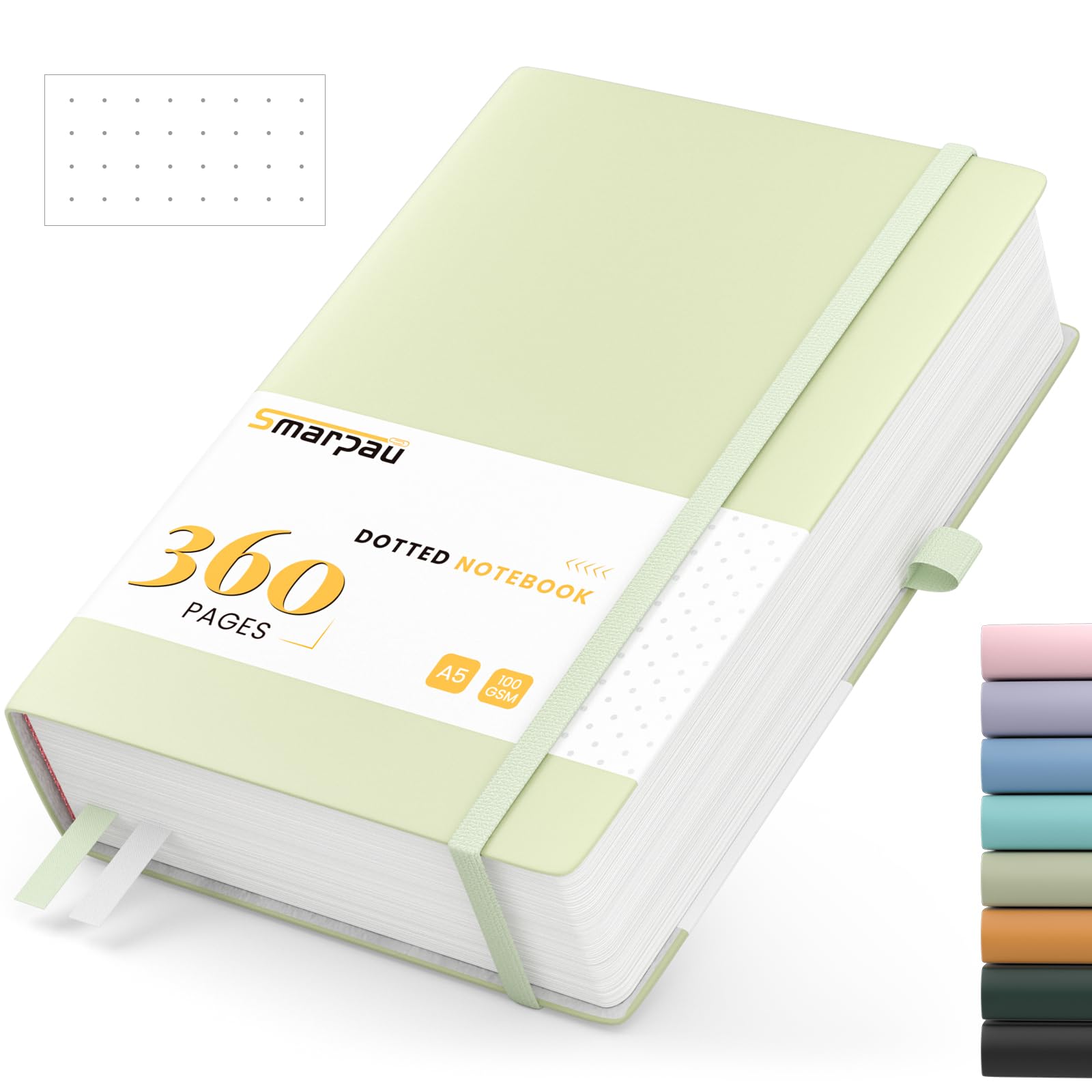 Smarpau Bullet Dotted Journal A5, Hardback Journal Notebook 360 Pages, 100GSM Thick Paper for Writing, Leather Notebook for Women Men Work School Office - 14.5 x 21cm, Light Green