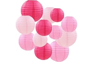 12pcs Pink Hanging Paper Lanterns,Round Paper Lanterns for Birthday,Baby Shower,Wedding,Party,Home Ceiling Decoration（4" 6" 8