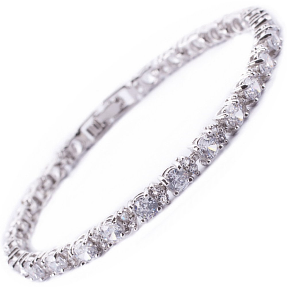 RIZILIA Eternity Tennis Bracelet [18cm/7inch] with Round Cut Gemstones CZ [White Topaz] in 18K White Gold Plated, Simple Modern Elegance — image 1