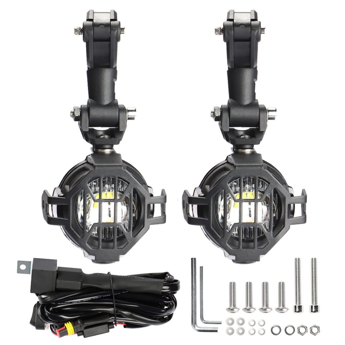 LITTOU KOLOME Motorcycle Spotlight for Motorbike ATV Tractor Forklift Motorcycle Fog Light Auxiliary Lamp Running Light with Front Protection Grids+Wiring+ Waterproof (Full Set)