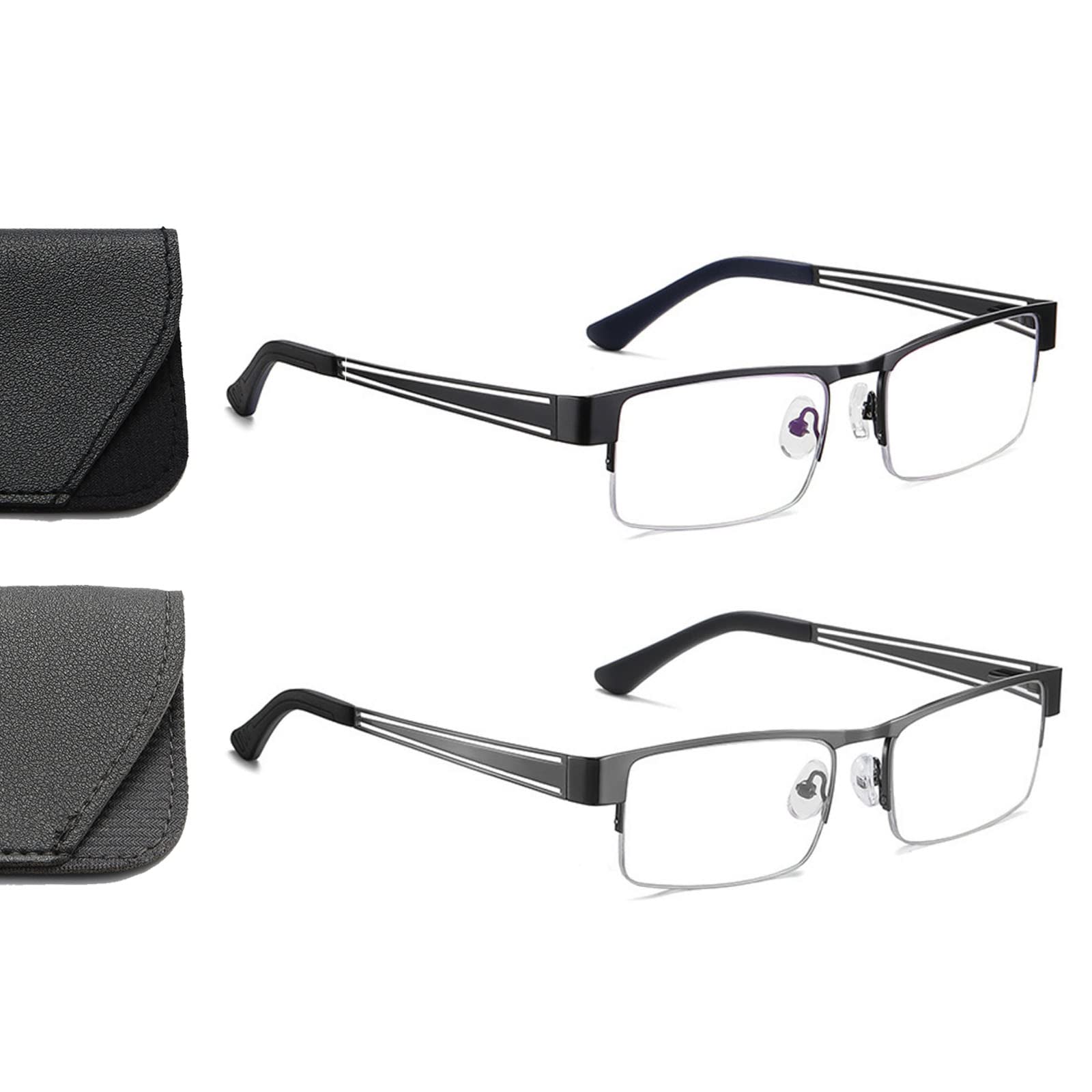 Hubeye 2-Pack Reading Glasses Men Metal Half Frame Rectangle Style Stainless Steel Spring Hinges Blue Light Blocking Computer Reader with Glasses holster +1.0 — image 1