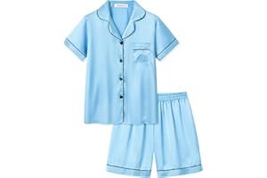 UNICABBIT21 Satin Summer Pajamas for Big Girls Unisex Kids Silk Button Down Short Sleeve & Shorts PJS Size 8-16