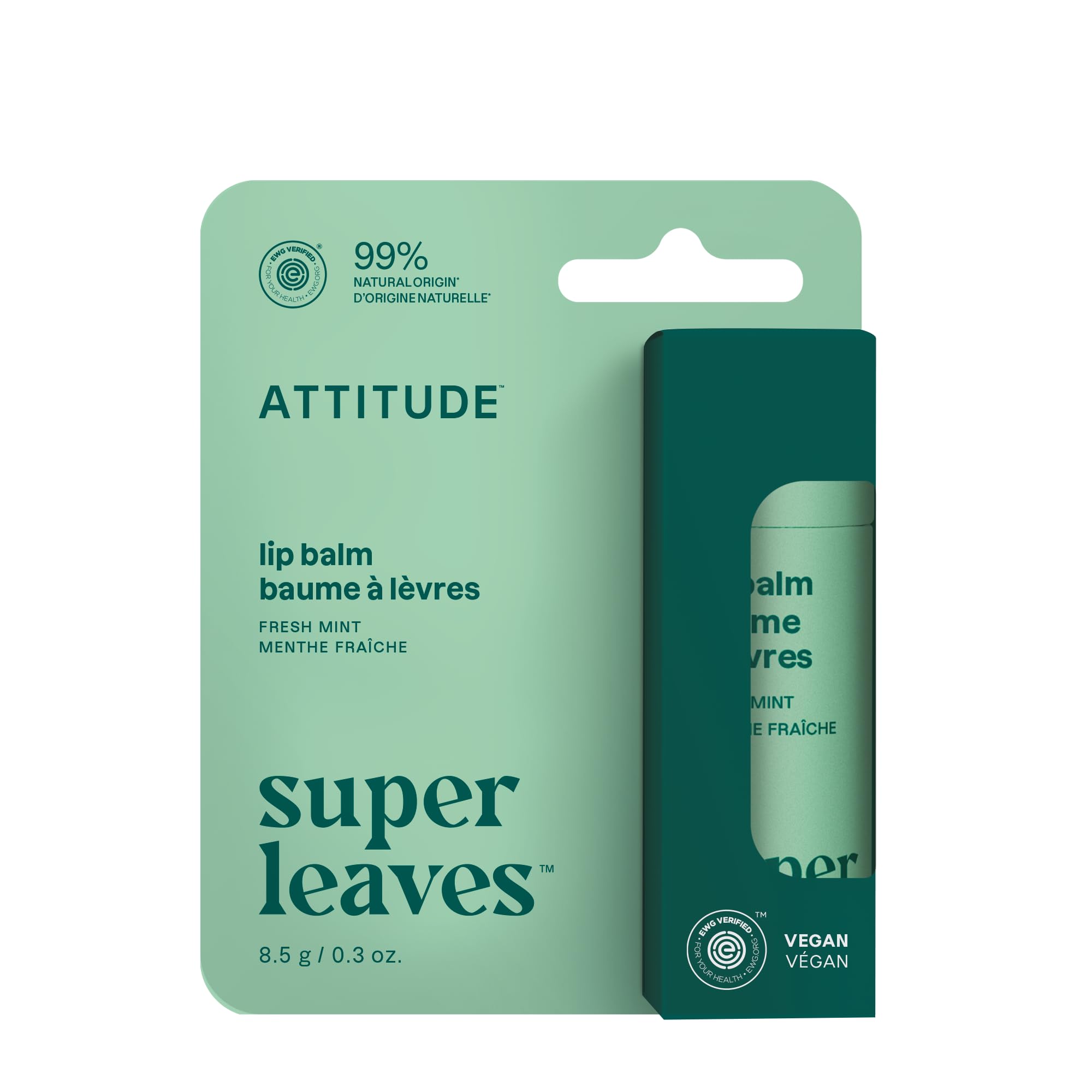 ATTITUDE Lip Balm, Natural Origin, Nourishes & Protects, Shea Butter, Coconut & Olive Oils, EWG Verified, For Dry Lips, Men and Women, Vegan, Fresh Mint, 8.5 g
