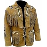 Calmweft Men's Leather Mountain Man Jacket, Native American Style, Beaded Buckskin Warshirt with Fringe