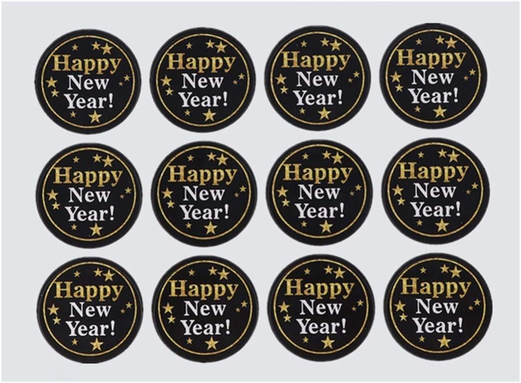 8 Sheets Happy New Year Sticker Round Sealing Packaging Sticker DIY Cookie Bags Labels, Black, 3.5 x 3.5 x 0.1 cm