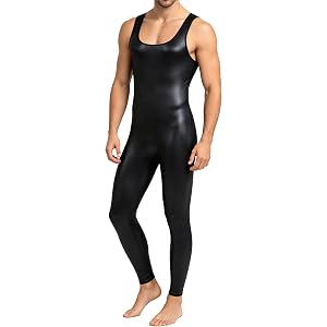 FEOYA Men's Faux PU Leather Bodysuit Shiny Wet Look Leotard Jumpsuit Unitard Outfit for Club Party