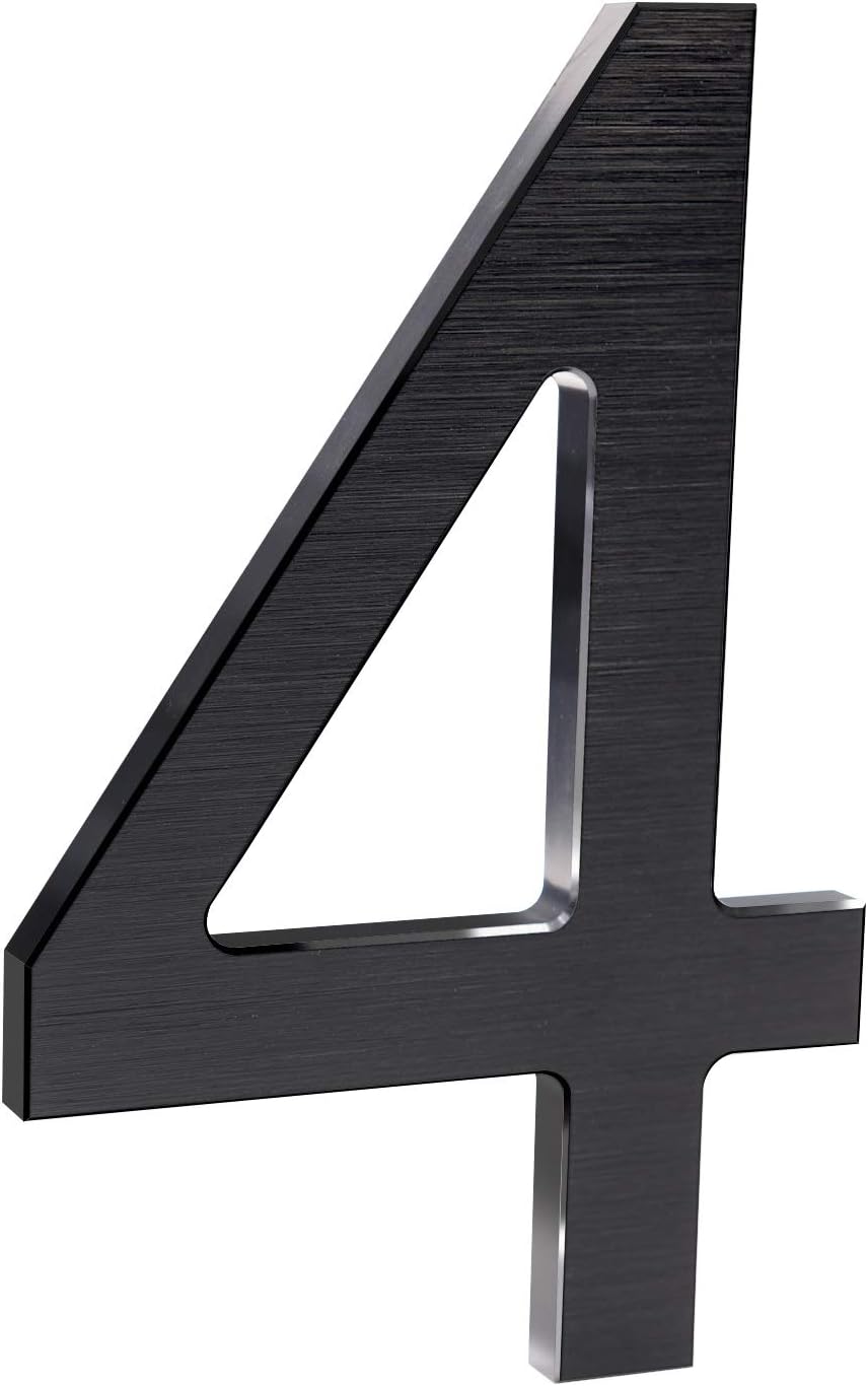 8 Inch Modern House Numbers- Premium Aluminum Floating Home Address Number with Elegant & Sophisticated Brushed Finish, Black, Number 4