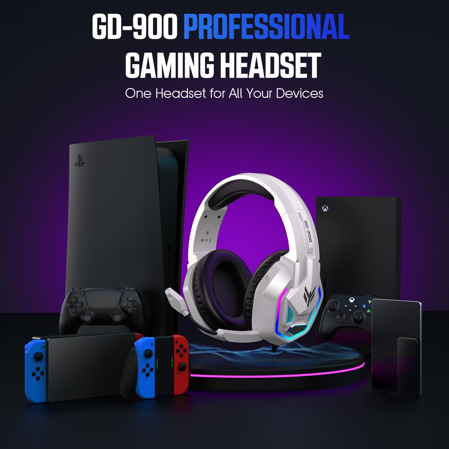 Gaming Headset for PS5, PS4, Xbox Series X|S, Xbox One, PC, Switch, Mac - RGB Over-Ear Headphones with 7.1 Surround Sound, Noise Cancelling Mic, 50mm Drivers & Memory Foam Ear Pads