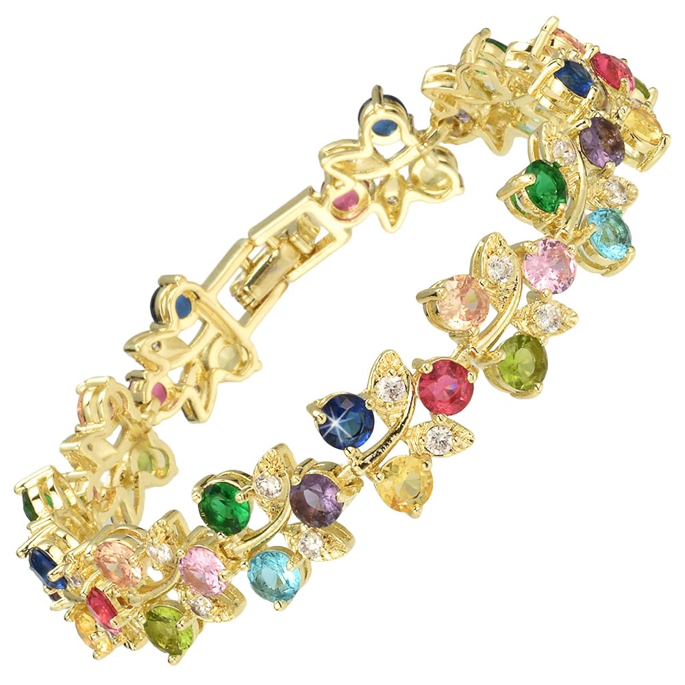 RIZILIA Tennis Bracelet [18cm/7inch] with Round Cut Gemstones CZ [Multi Coloured] in 18K Yellow Gold Plated, Simple Modern Elegance