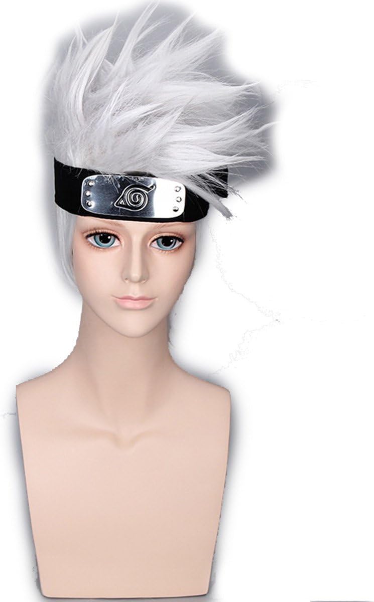 COPLY Men Silver White Short Anime Cosplay Wigs with Headwear Halloween wig Synthetic Wig 35cm 14"