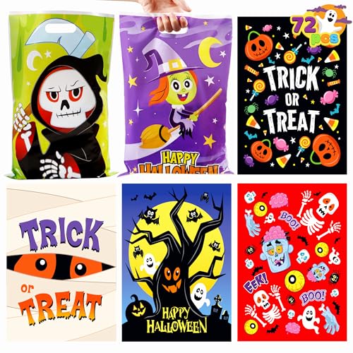JOYIN 72 Pcs Halloween Candy Bags, Trick or Treating Goodie Bags in 6 Character Themed Designs for Kids Halloween Party Favor, Plastic Snacks Stuffers Bag for Party Supplies