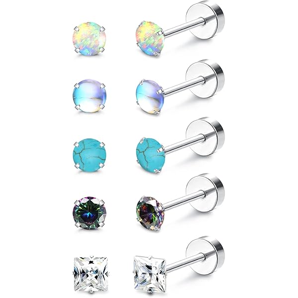 MILACOLATO Orecchini in Titanio per Donna - 5 Paia G23 Piercing Cuore Opale Perla Turchese Zirconi Luna 20G Flat Back Cartilagine Tragus Conch Helix