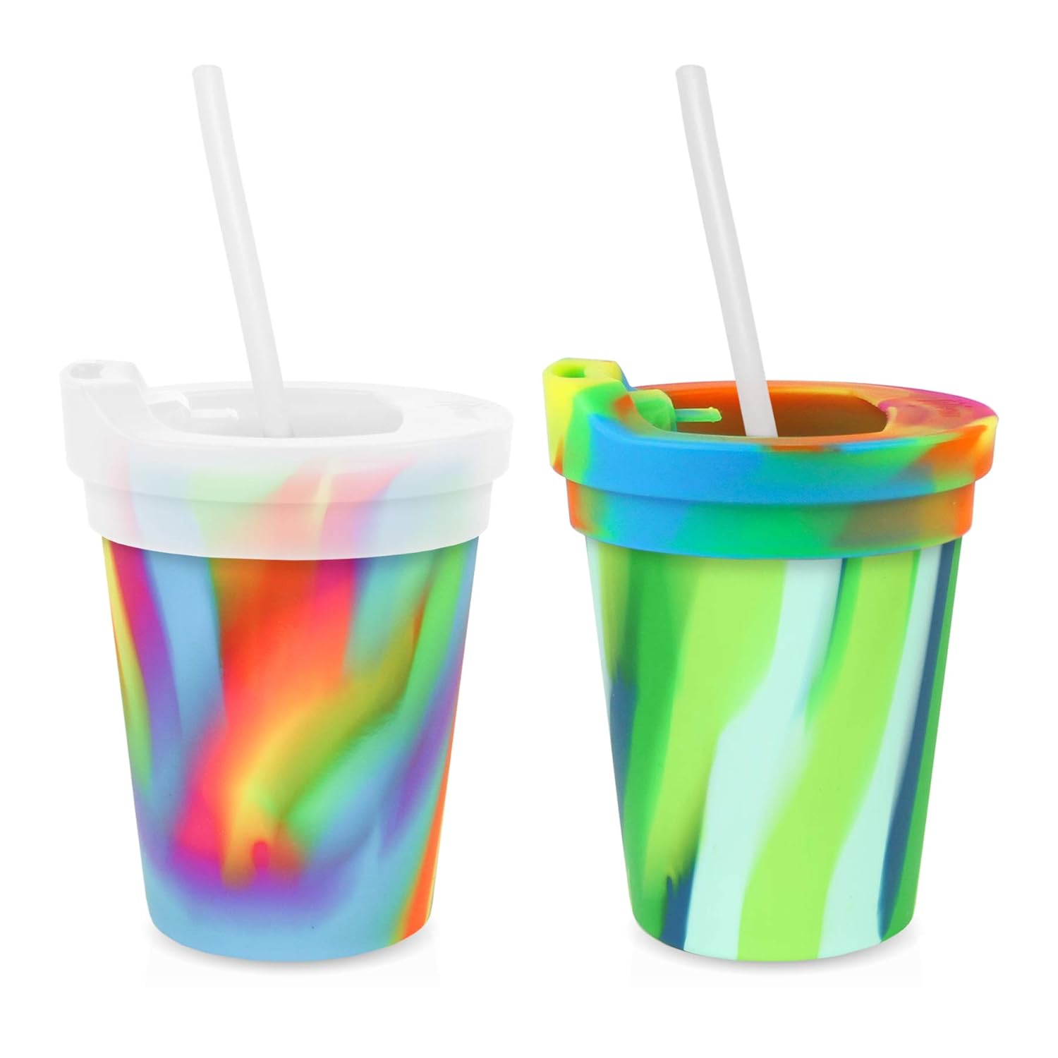 Silipint Safe Silicone Kids 8oz Cups Sea Swirl & Hippie Hop, U.S. Patented, BPA-Free, Unbreakable, Sealable Lid, Silistraws Included - Safer Car Rides, Camping, Sports, Life! (2 Cups/Lids and Straws)