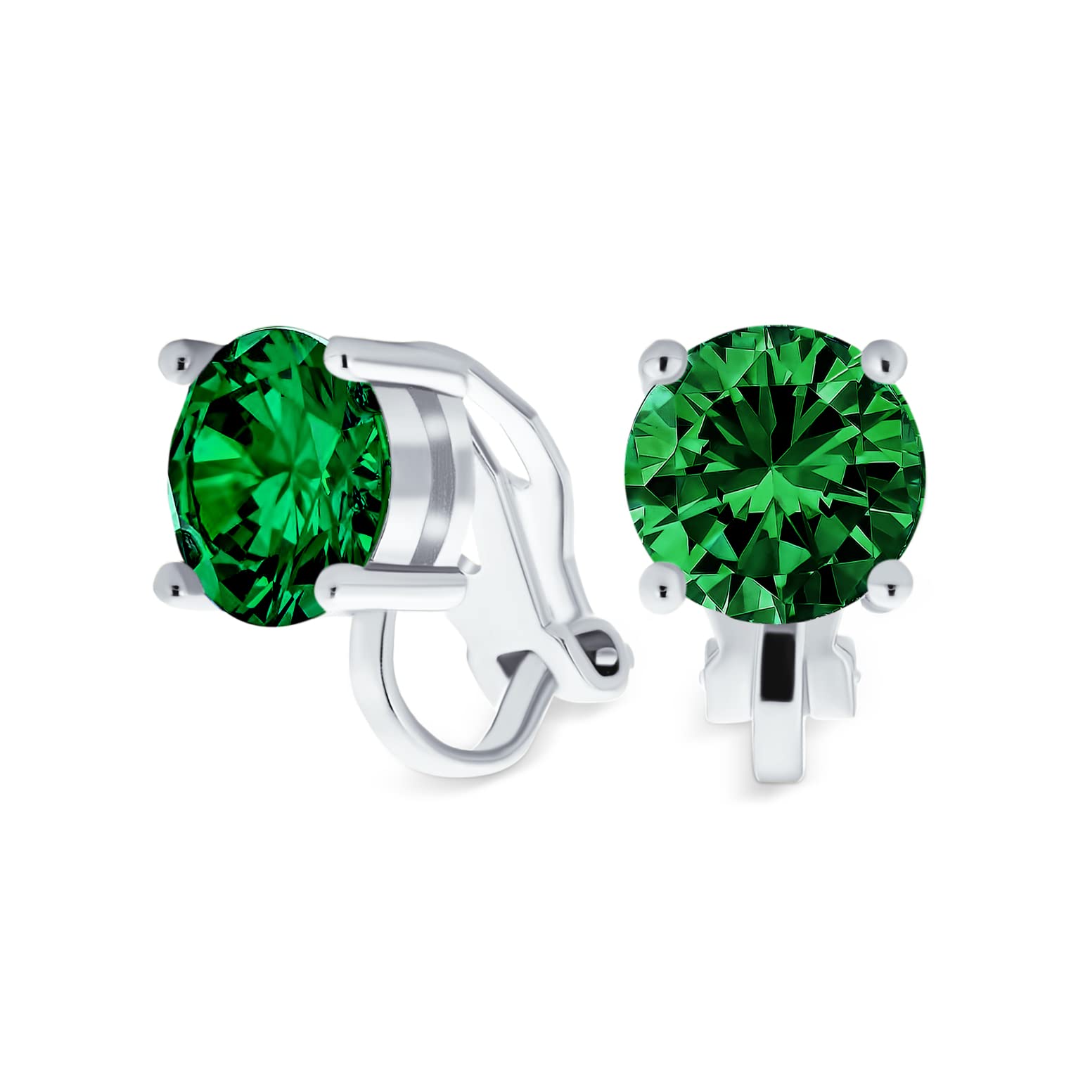 Green Brilliant Cut Solitaire Round Cubic Zirconia CZ Clip On Stud Earrings Simulated Emerald Silver Plated Brass — image 1