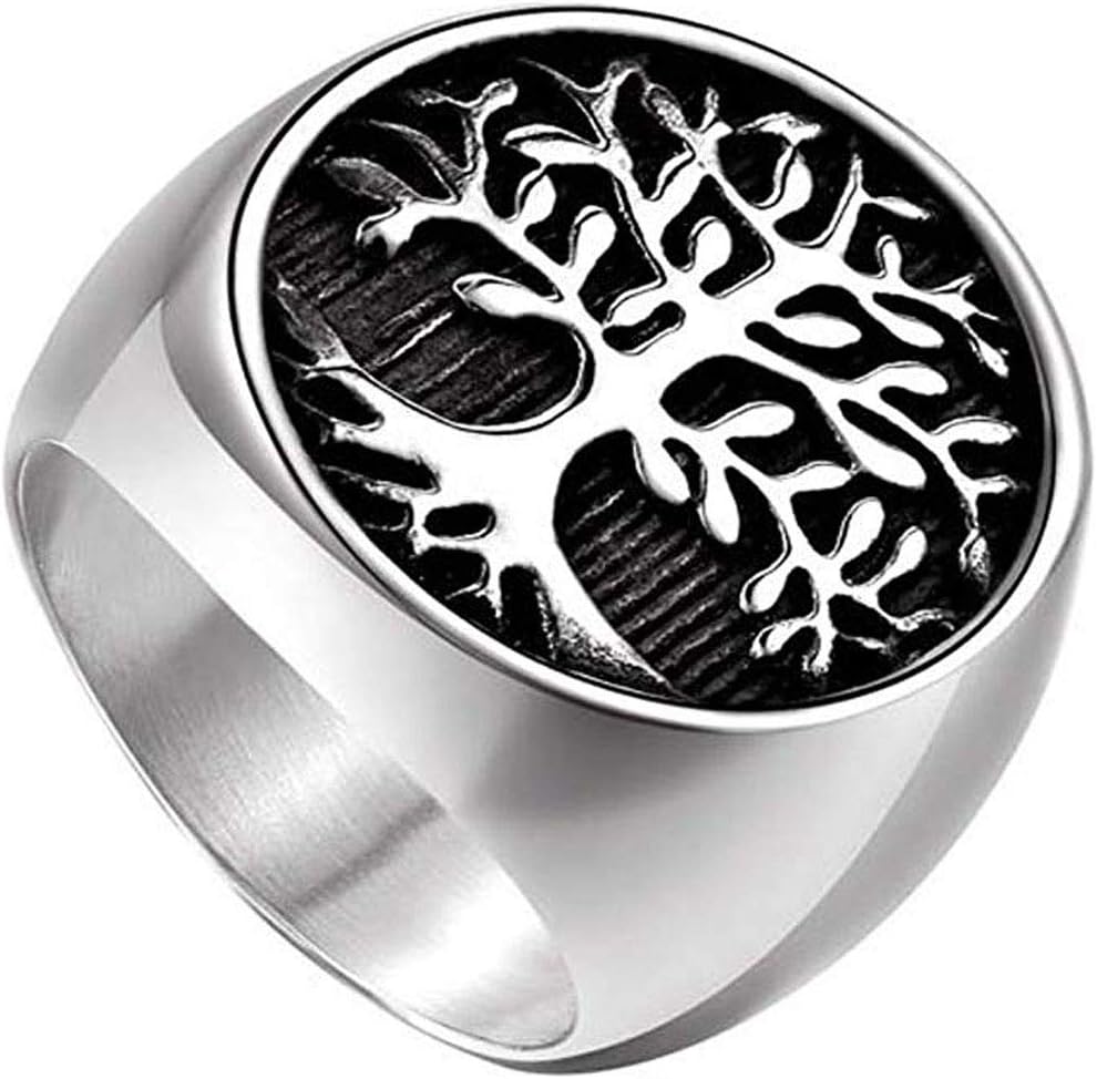 HIJONES Men's Stainless Steel Vintage Tree of Life Signet Ring Non-allergenic