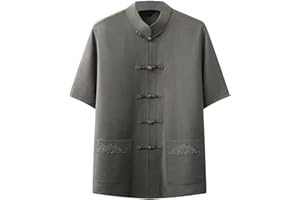 Cambkatl Men's Short Sleeve Kung Fu Shirts Chinese Traditional Tai Chi Mandarin Collar Frog-Button Shirt