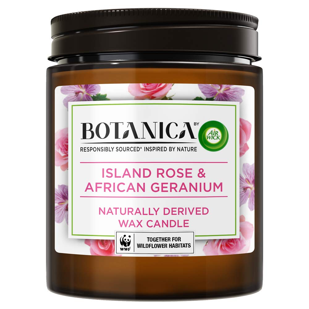 Botanica by AirWick Air Freshener Naturally Derived Wax Candle, ISLAND ROSE & AFRICAN GERANIUM, Up to 40 Hours Burn Time