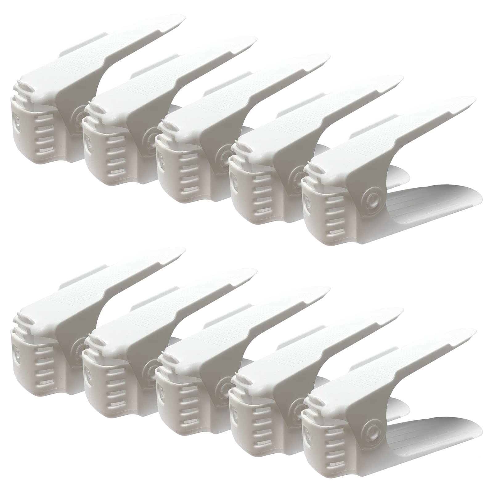 AMOS Shoe Slots Pack Of 10 Space-Saving Adjustable Shoe Storage Organiser with 3-Level Height, Non-Slip Shelf Holder, Plastic White