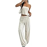 SHENHE Women's Linen 2 Piece Set Open Back Crop Tube Top and Wide Leg Pants Vacation Outfits