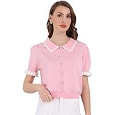 Hobemty Women's Puff Sleeve Blouse Dressy Vintage Knit Ruffled Crop Tops