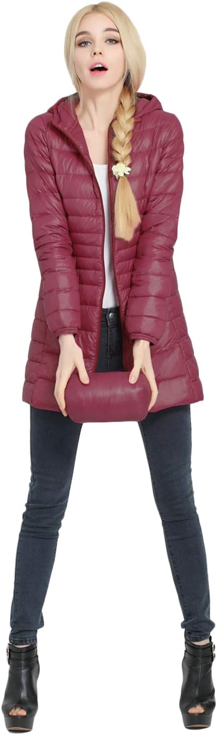 Women's Winter Packable Long Down Jacket Puffer Coat with Hood Lightweight Down Parka Outerwear Hilking Quilted Jacket