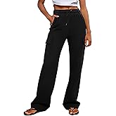 Flamingals Women's Straight Leg Pants Elastic Waisted High Rise Sweatpants with Flap Pockets Casual Pull-On Pants