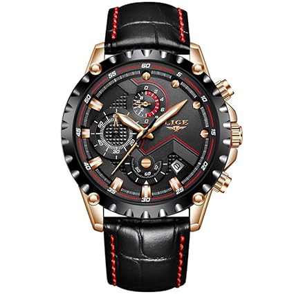 Bernsuisse LIGE Multi-Functional Chronograph Japanese Quartz Genuine Leather Business Outdoor Sports and Leisure Fashion Waterproof Wristwatch for Men LIGE 9821 L - Black