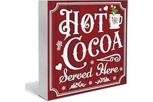 YXSEZ Vintage Christmas Decor, Hot Cocoa Wooden Sign, Coffee Bar Wooden Block Sign, Christmas Kitchen Decorations for Table Shelf 5 x 5 Inch