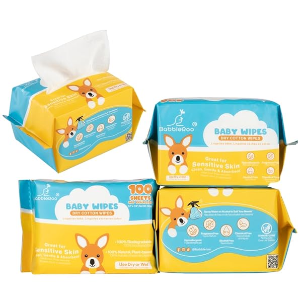 BABBLEROO DRY WIPES FOR BABY – 100% PLANT-BASED...