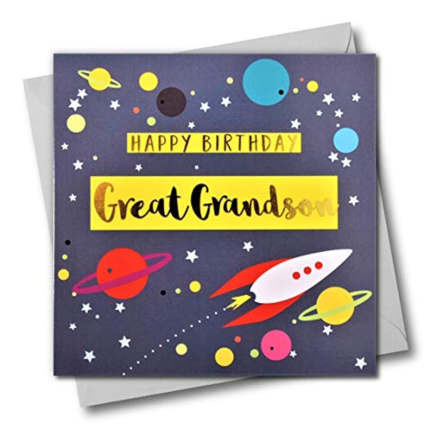 Claire Giles Greeting Cards, Happy Birthday Great Grandson Card, Rocket and Stars Design Birthday Greeting Card, Text Foiled in Shiny Gold