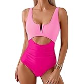 HXN Women's One Piece Swimsuit Tummy Control Bathing Suit Color Block Cutout Slimming Swim Suit Swimwear 2025