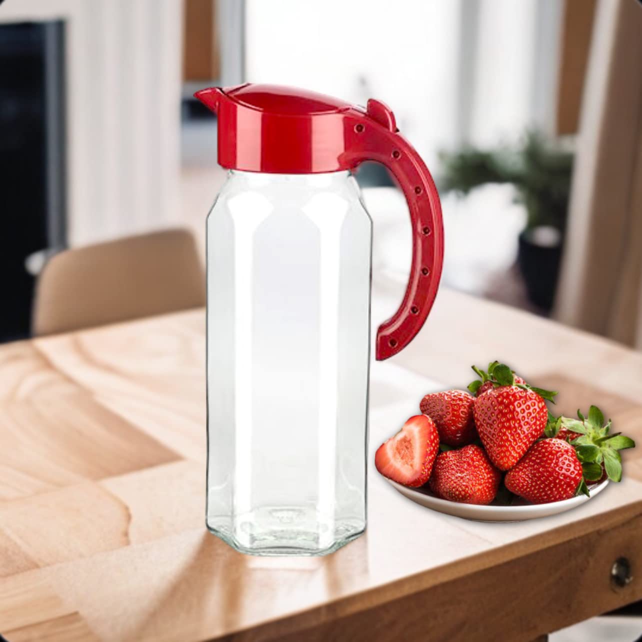 1.5L Glass Jug with Lid Borosilicate Glass Water Jug Transparent Fridge Door Beverage Glass Pitcher with Lid for Hot Cold Water, Ice, Tea & Coffee (Red)