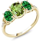 Gem Stone King 10K Yellow Gold 3-Stone Diamond Engagement Ring 1.62 Ct Oval Green Peridot Green Simulated Emerald