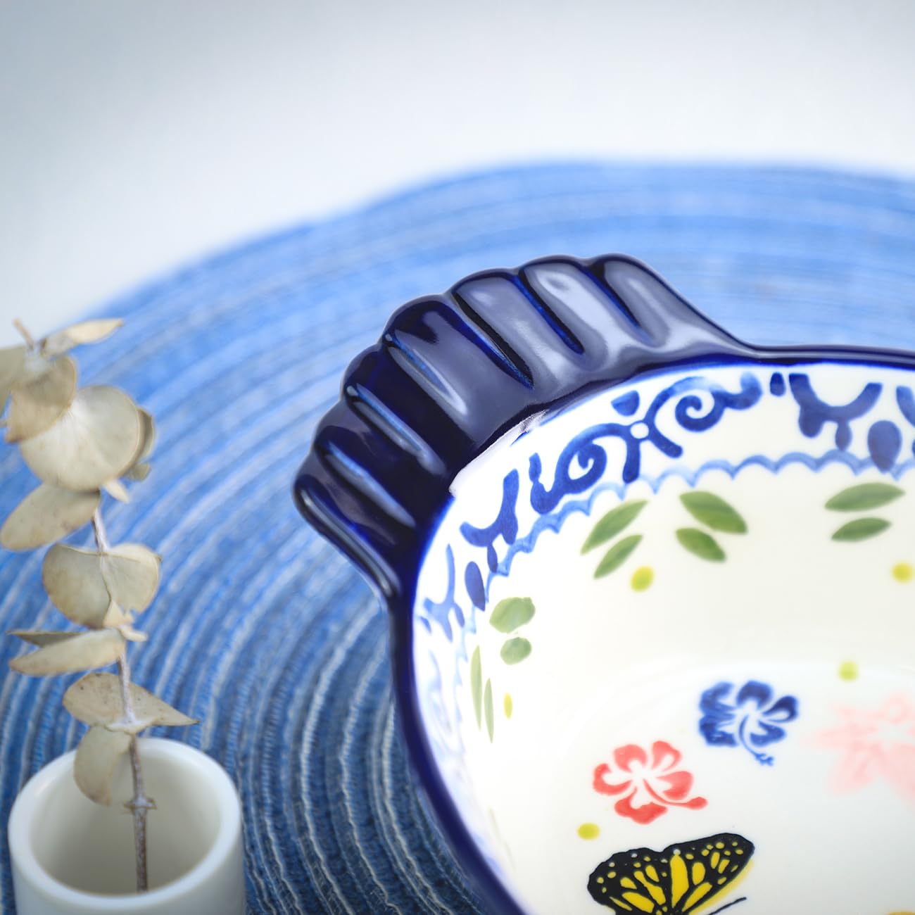 Vintage Butterfly and Flower Pattern Pie Pan, Chicken Shape Ceramic Bakeware Casserole Dish Baking Pan Bakers Lasagna Pans Soup Bowl Baking Dish for Oven to Table-Blue-25 OZ