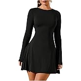 SOLY HUX Women's Long Sleeve Mini Dress Elegant Lace Up Crew Neck Work Office Dresses