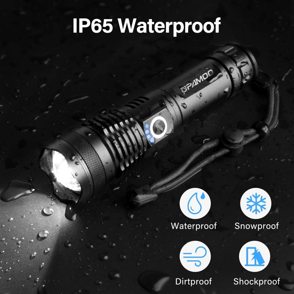 Rechargeable Tactical Flashlight, LED Flashlight 3000 Lumen, 5 Modes, Zoomable, Waterproof, with Rechargeable Battery, Handheld Flashlight for Camping Hiking Biking Outdoor Activity - - 