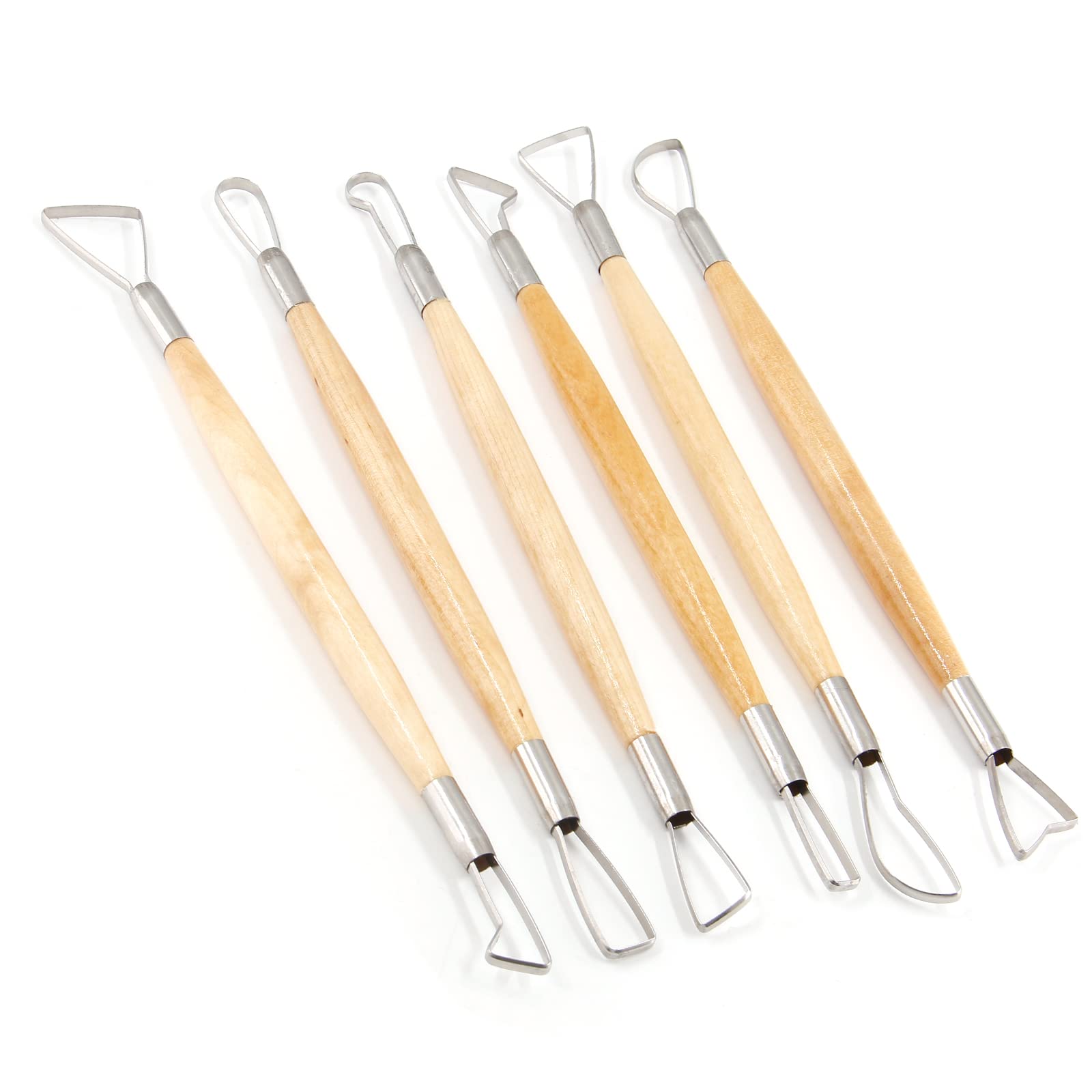 Suiwotin 6pcs Double-Sided Clay Sculpting Tools, Wooden Handle Ribbon Clay Tools, Pottery Trimming Tool, Clay Wire Loop Sculpture Set for Ceramic, Wax Carving Modeling