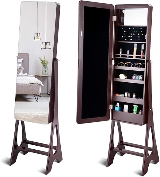 Amazon Com Giantex 15 Led Jewelry Armoire Cabinet With Full Length Mirror Wooden Bedroom Bathroom Floor Mirror Stand Jewelry Cabinet Storage With Inner Mirror Ring Slots Lipstick Holders Brown Home Kitchen