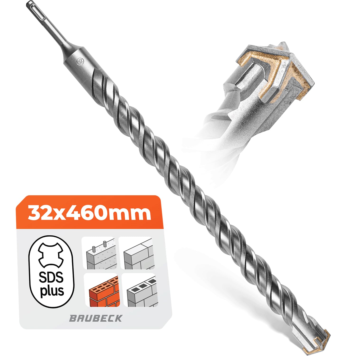 BAUBECK SDS Plus Drill Bit 32 mm x 460 mm Long for Concrete and Stone - Premium 40CR Steel, Durable - 4 Cutting Masonry Drill Bit 32 mm for Best Results - SDS Plus Drill Bit 32 mm Concrete Drill Bit