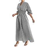 utcoco Women's Beach Boho Striped Smocked Waist Maxi Dress Long Sleeve A-Line Swing Long Dresses