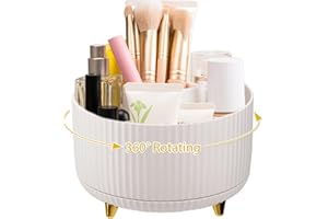 Amrules Makeup Brush Holder, Multi-angle Rotating Makeup Organizer, Multifunction Cosmetic Organizer for Bathroom Countertop, Bedroom Nightstand, Desktop, Makeup Desk Organizer, White