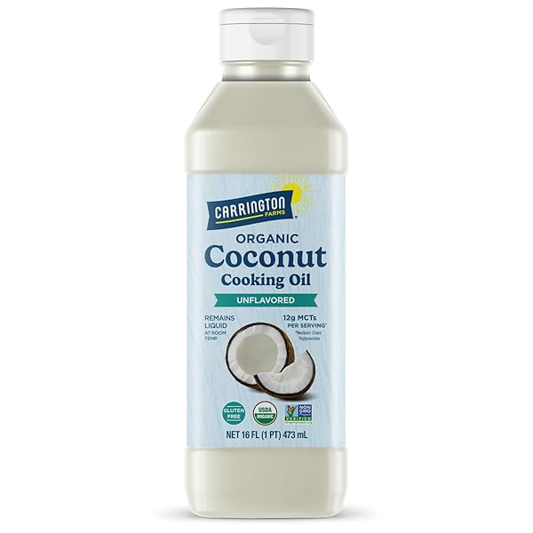 CARRINGTON FARMS ORGANIC LIQUID COCONUT COOKING OIL, 16 FL OZ –UNFLAVORED, UNSCENTED, HIGH SMOKE POINT, MCT-RICH, NO TRANS FAT – FOR COOKING, SAUTÉING, FRYING & BAKING – GLUTEN FREE, NON-GMO, HEXANE FREE, BPA FREE BOTTLE