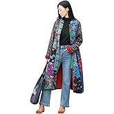 FioraMosaic Women's Cotton Linen Printed Long Jacket with Unique Patchwork Cottagecore Style Casual Spring and Autumn Wear