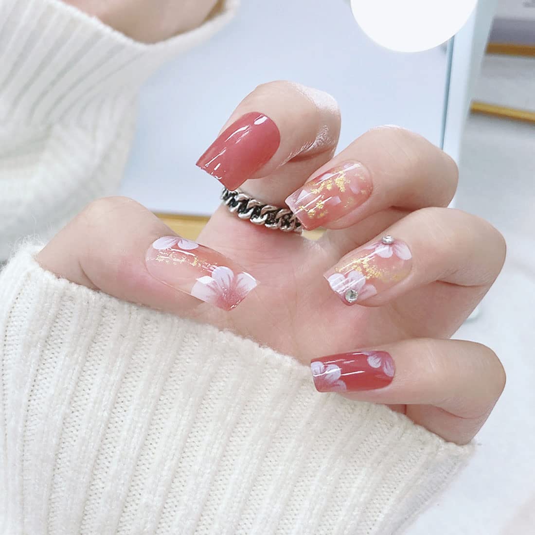 24 PCS Medium Length False Nails With Rhinestone, Gold Glitter, Glossy Finish - Full Cover Flower Fake Nails Art for Women and Girls Daily Decoration — image 1