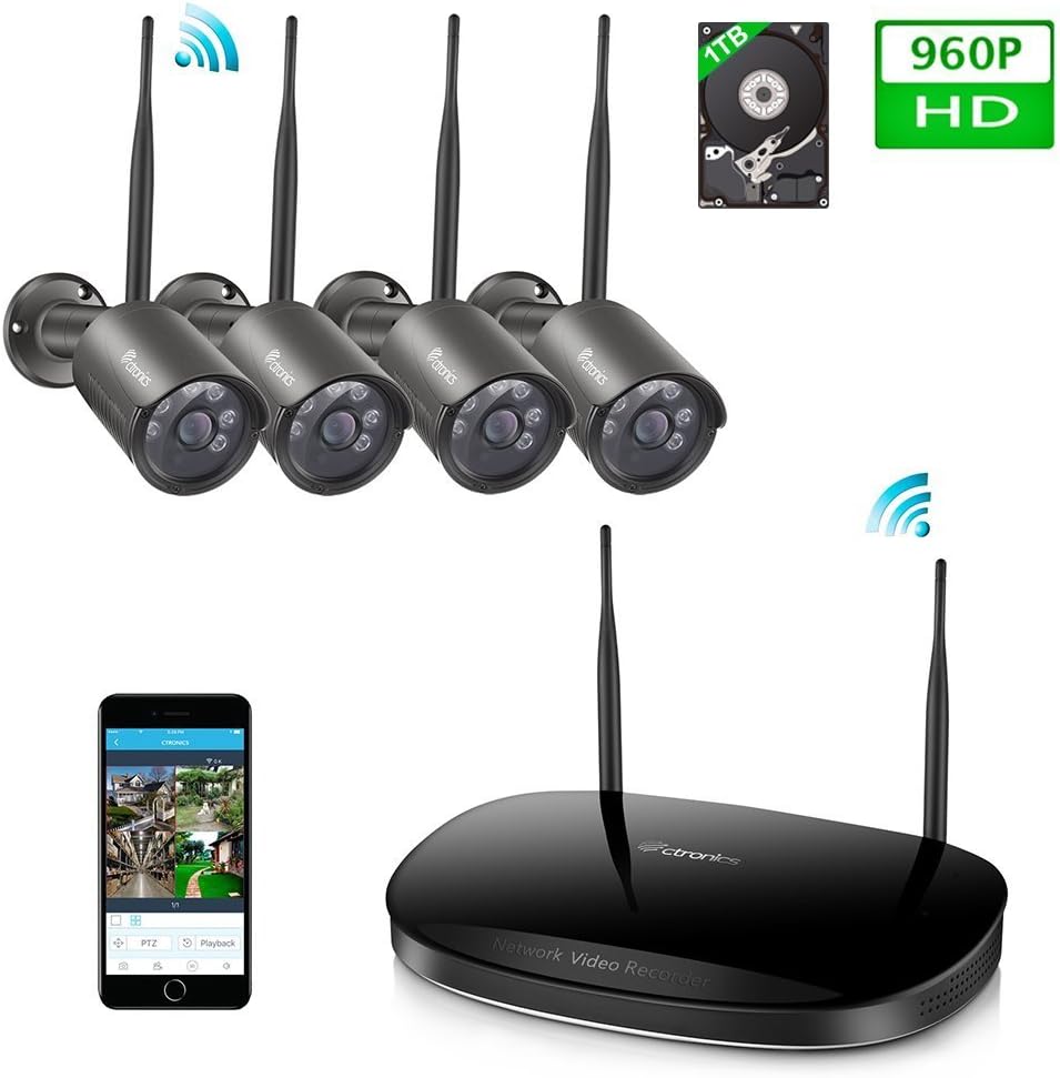 ( WIDER VIEW ) Ctronics 2.4G HD Wireless NVR System WIFI Security Cameras System with 4X960P Wireless Indoor&Outdoor Waterproof Night Vision Cameras 1TB HDD Pre-Installed