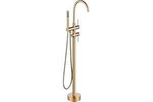 ARCORA Freestanding Bathtub Faucet Brushed Gold, Floor Mount Tub Filler, High Flow Brass Shower Faucets with Handheld Sprayer for Bathroom