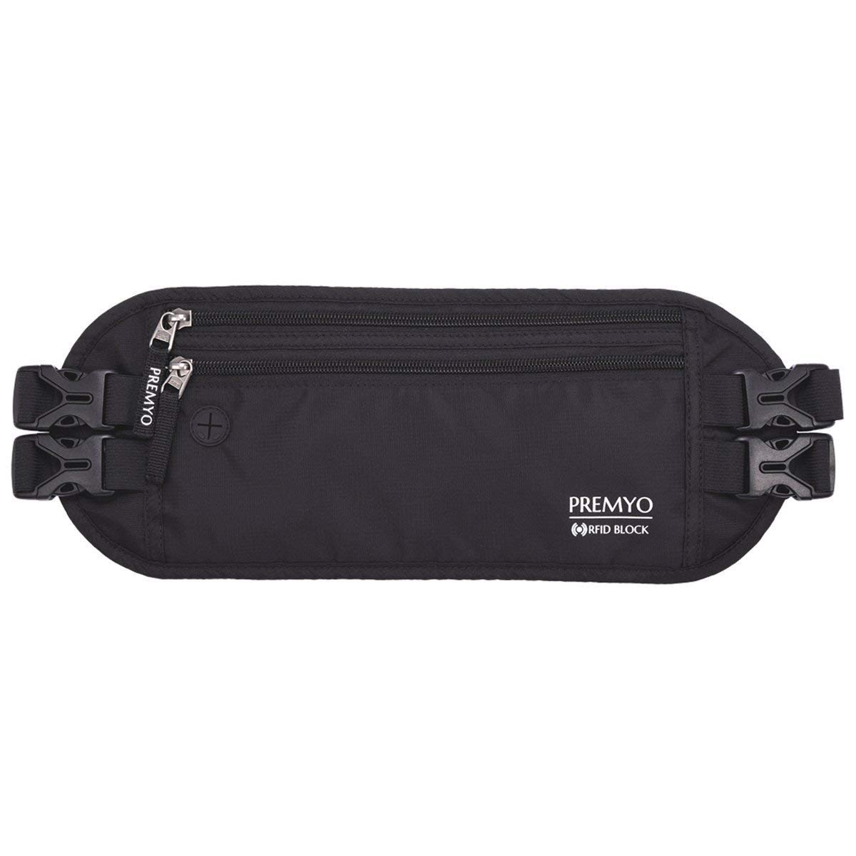 PREMYO XL Money Belt Travel Wallet Anti-Theft Waist Bag Women Men RFID Protection Hidden for Passport Cash Keys Slim Waterproof Flat 2 Straps Black