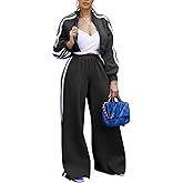 Angsuttc Sweatsuits Women 2 Piece Outfit Striped Tracksuit Long Sleeve Cropped Jacket and Wide Leg Pants Set