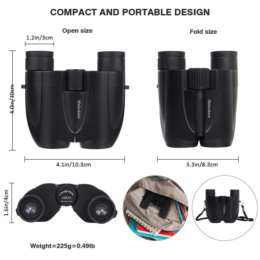 Compact Binoculars for Kids and Adults，Maluokasa 10x25 Night Vision Waterproof Lightweight Mini Telescope Portable for Bird Watching, Hiking, Traveling,Concerts and Sports Events